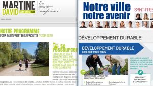 Miniature de capture d'écran des volets écologiques des programmes de campagne municipale 2014 de Martine David et Gilles Gascon pour Saint-Priest sur leurs sites Web respectifs.