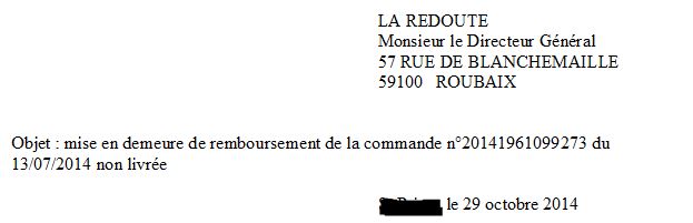 Arnaque sur la marketplace La Redoute avec le vendeur C-Store : courrier du 29/10/2014