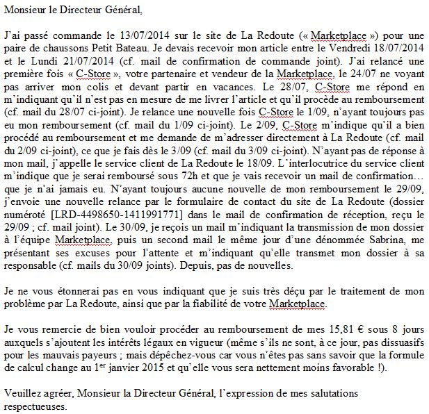 Arnaque sur la marketplace La Redoute avec le vendeur C-Store : courrier (suite) du 29/10/2014