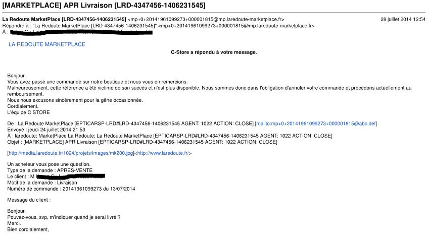 Arnaque sur la marketplace La Redoute avec le vendeur C-Store : mail du 28/07/2014