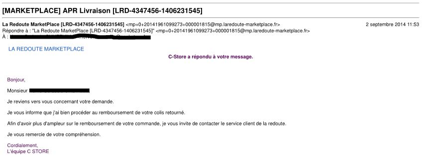 Arnaque sur la marketplace La Redoute avec le vendeur C-Store : mail du 02/09/2014