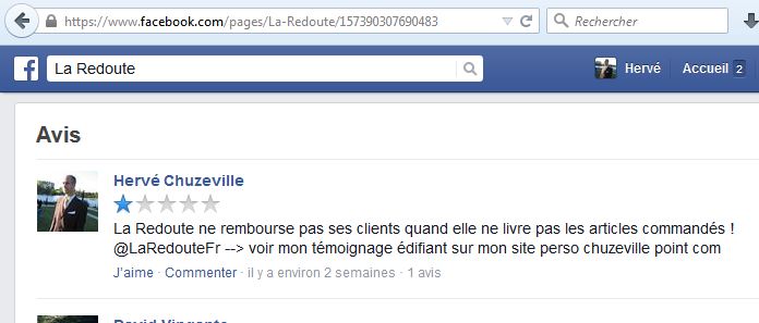 Arnaque sur la marketplace La Redoute avec le vendeur C-Store : avis Facebook