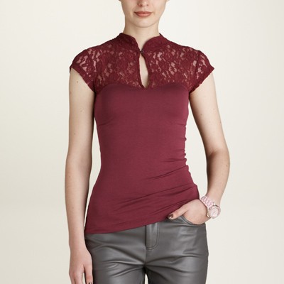 photo : tee shirt col mao mancherons dentelle esprit bustier prune 25 euros