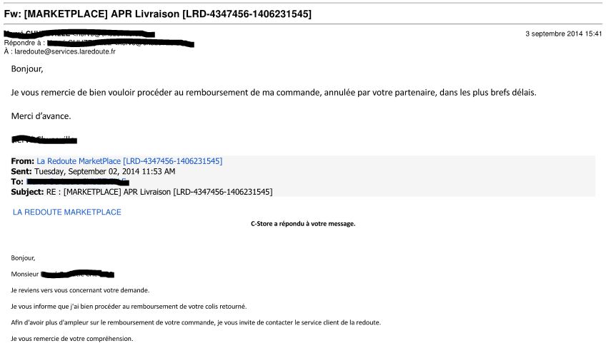 Arnaque sur la marketplace La Redoute avec le vendeur C-Store : mail du 03/09/2014