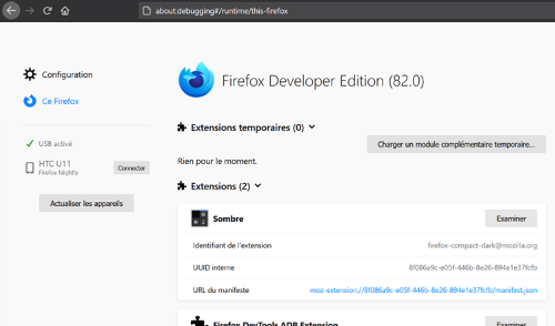« about:debugging » dans le navigateur Firefox Developer Edition sur le PC