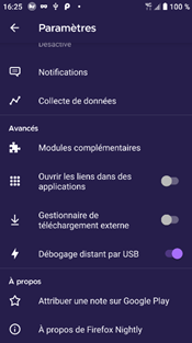 « Débogage distant par USB » dans les « Paramètres » de Firefox Nightly sous Android