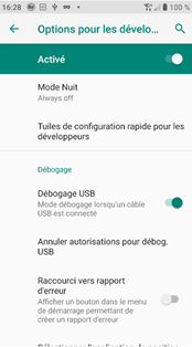 « Débogage USB » dans les « Options pour les développeurs » des paramètres d’Android