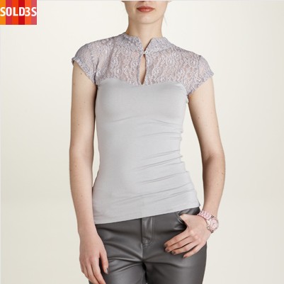 photo : tee shirt col mao mancherons dentelle esprit bustier gris en solde 15 euros